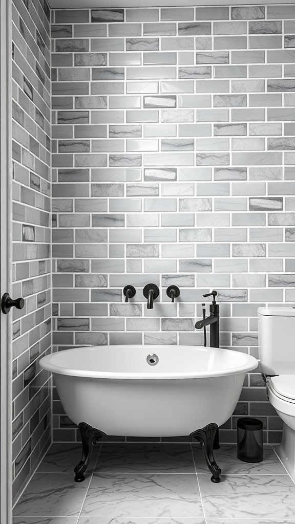 Elegant bathroom featuring gray subway tiles, a white clawfoot tub, and modern black fixtures.