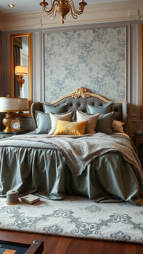 A beautifully designed bedroom featuring gray bedding with touches of gold accents, an ornate headboard, and a cozy rug.