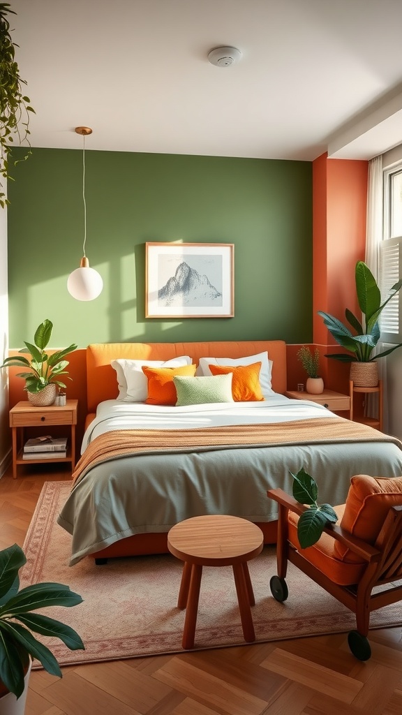 A beautifully designed bedroom featuring a green accent wall, terracotta bed frame, and soft bedding.