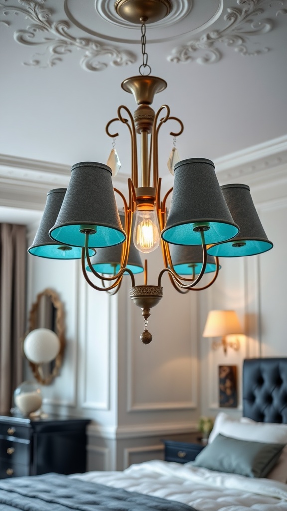 Chandelier with grey and teal shades in a modern bedroom