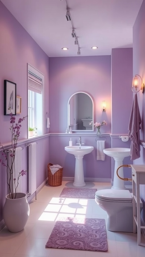 A serene bathroom painted in elegant lavender, featuring white fixtures and soft rugs.