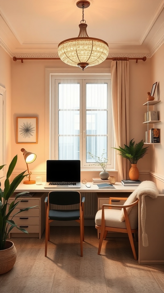 Cozy small home office featuring elegant lighting fixtures and a stylish desk setup.