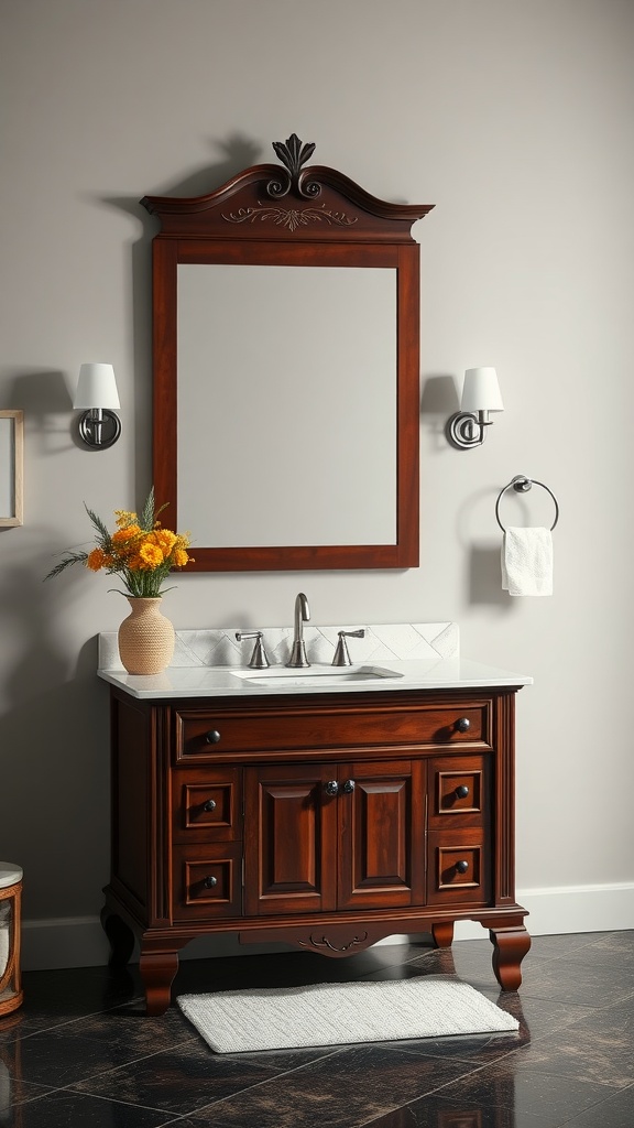 Elegant mahogany bathroom vanity with white countertop and decorative mirror