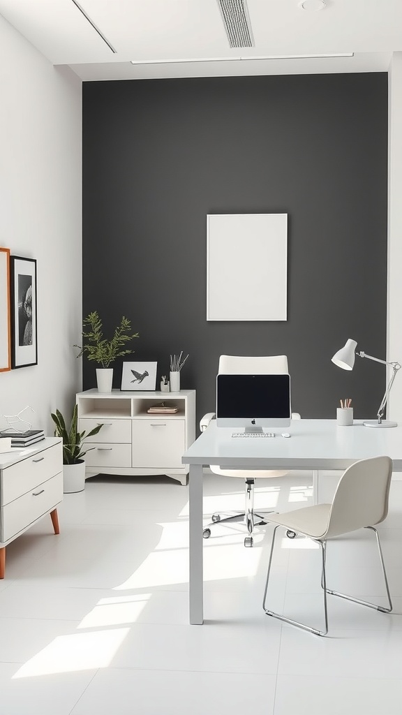 A minimalist home office featuring a dark accent wall, a large desk, and a potted plant.