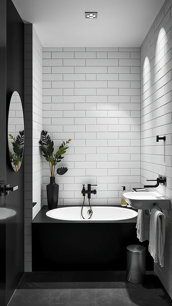 A stylish monochrome bathroom with black and white features, including a black bathtub, white subway tiles, and green plants for a touch of color.