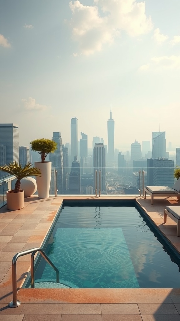 Elegant pool with a city skyline view, featuring lounge chairs and greenery.