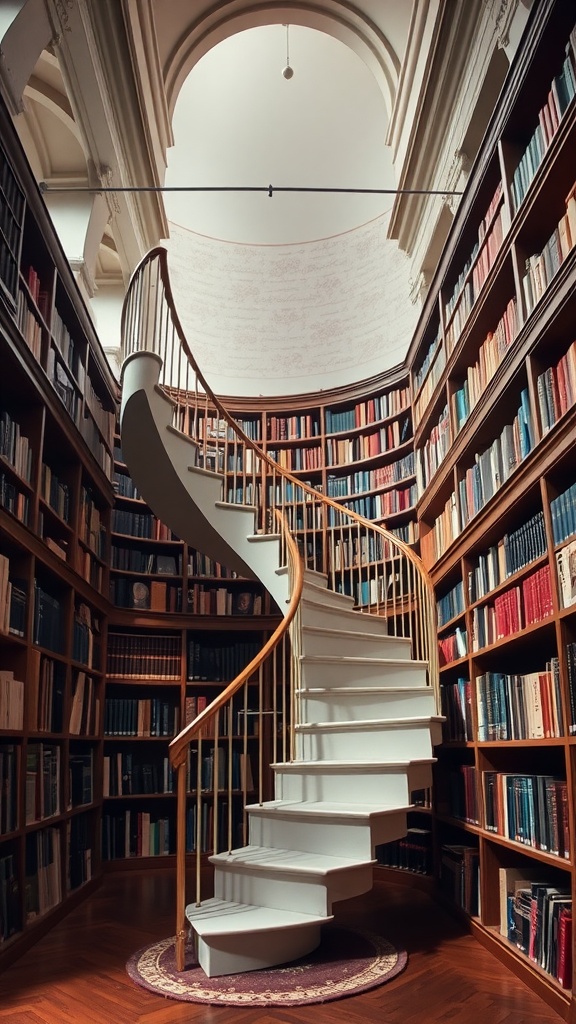 An elegant spiral staircase surrounded by bookshelves, leading to a cozy home library.