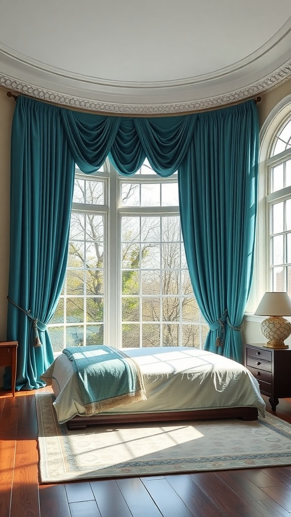 A bedroom featuring elegant teal draperies framing large windows, a neatly made bed, and wooden furniture.