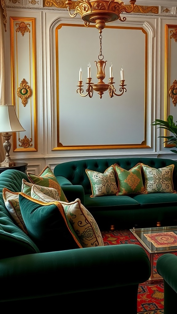 A luxurious living room featuring deep green velvet upholstery, decorative cushions, and ornate golden walls.