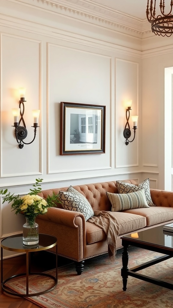 Elegant wall sconces illuminating a stylish living room with a vintage vibe.