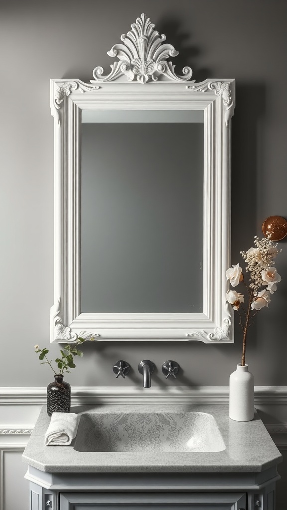 Elegant white framed mirror above a stylish sink in a gray and white bathroom