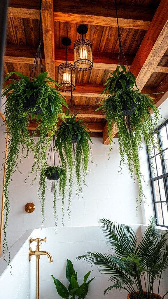 A beautifully decorated bathroom with wooden ceiling beams and hanging plants.