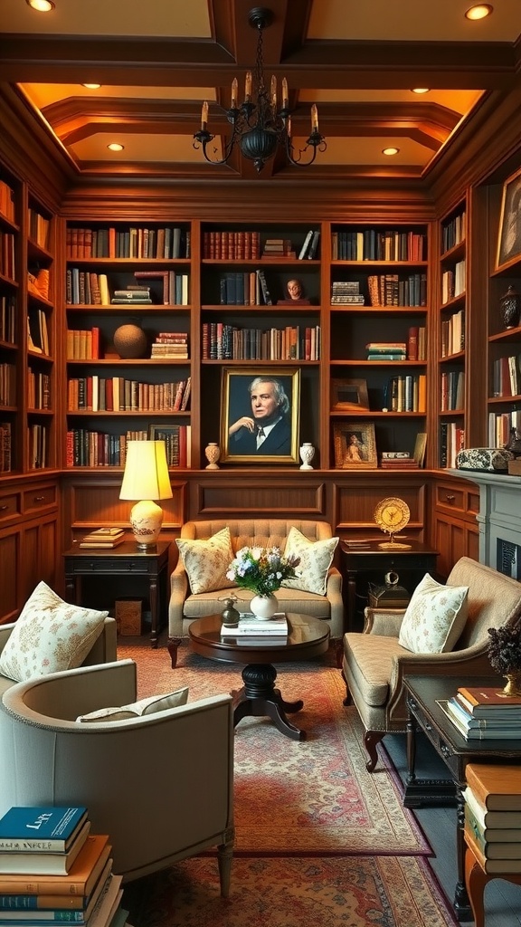 A cozy French country style library with wooden shelves filled with books, comfortable seating, and a fireplace.