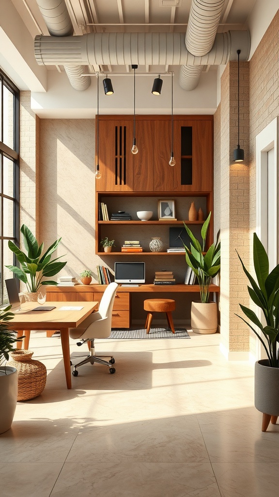 A modern office with earth-tone color palette, wooden furniture, plants, and natural light.