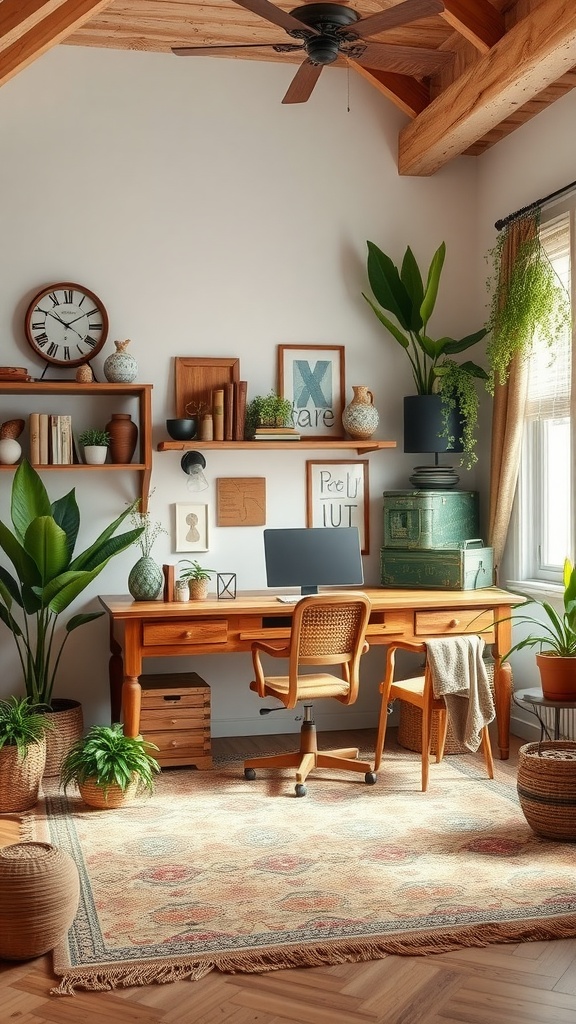 A cozy home office featuring a wooden desk, plants, rustic decor, and warm lighting.
