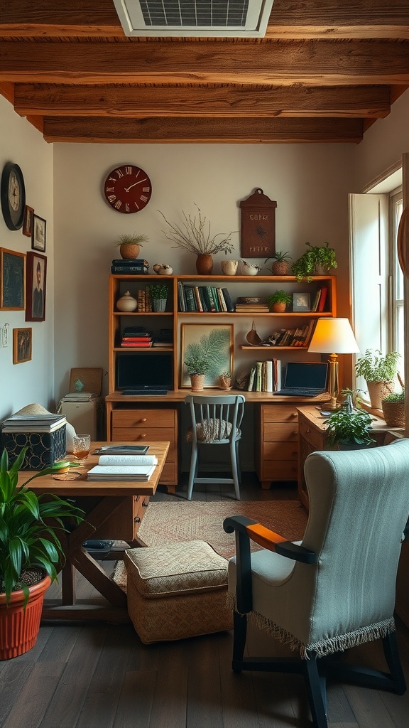 Cozy home office with wooden beams, bookshelves, potted plants, and a comfortable chair.