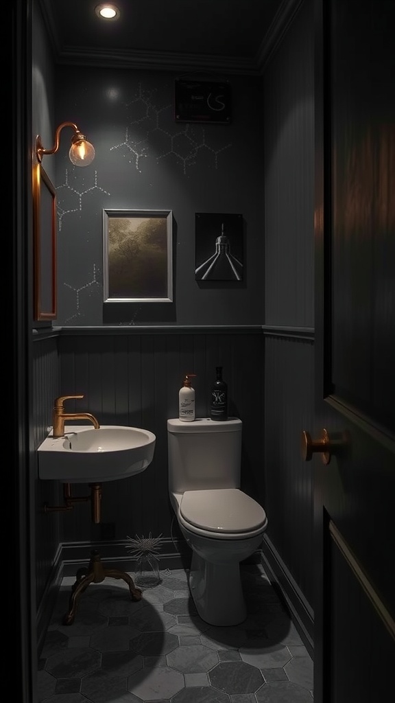 A small bathroom featuring moody charcoal tones with gold fixtures and artwork.