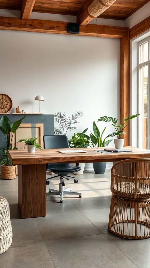 A modern office space featuring natural wooden elements and plants.