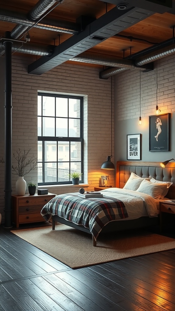 A modern industrial bedroom with exposed pipes, wooden beams, and cozy furnishings.