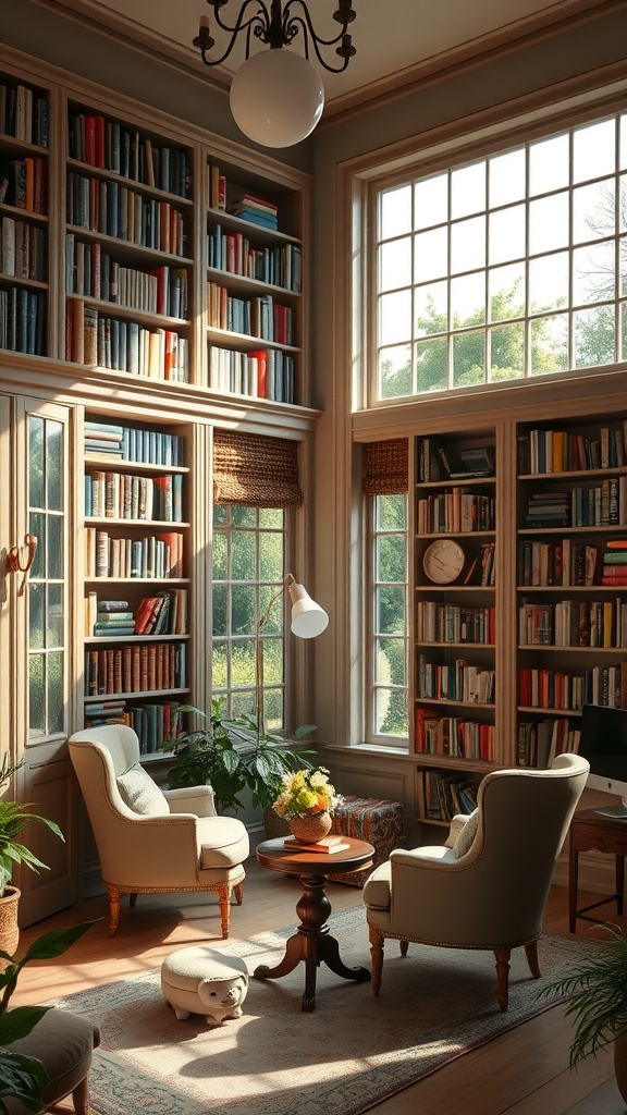 A cozy French library with large windows, bookshelves filled with books, and comfortable seating arranged for reading.