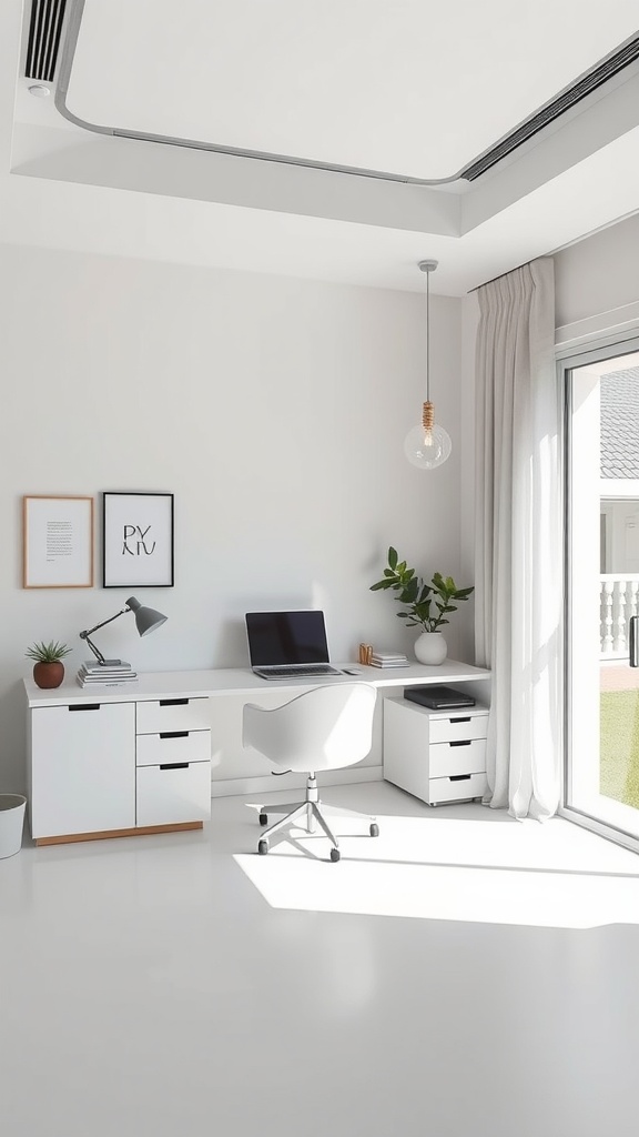 A bright and minimalistic home office with a white desk, chair, and organized storage.