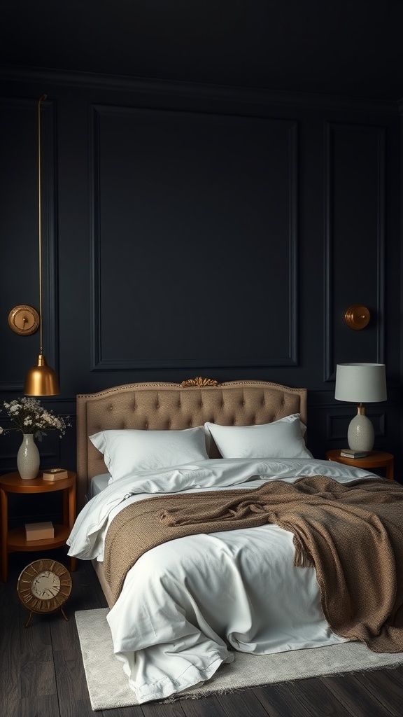 A dark and moody bedroom featuring charcoal walls, a plush beige headboard, white bedding, and warm gold accents.