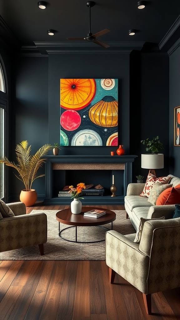 A cozy living room with dark walls featuring colorful fruit-themed artwork, stylish furniture, and warm lighting.