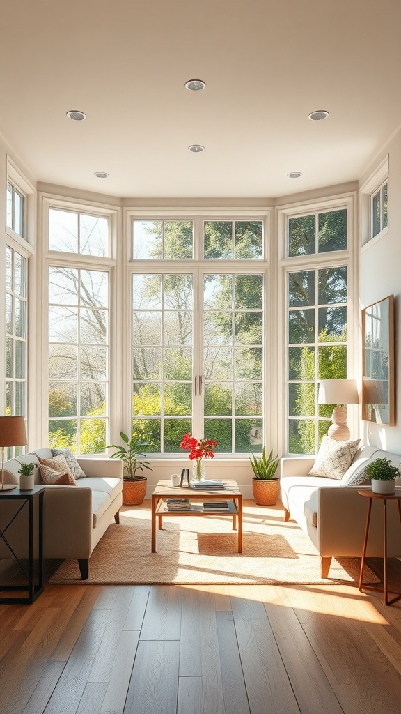 Bright living room with large windows and natural light