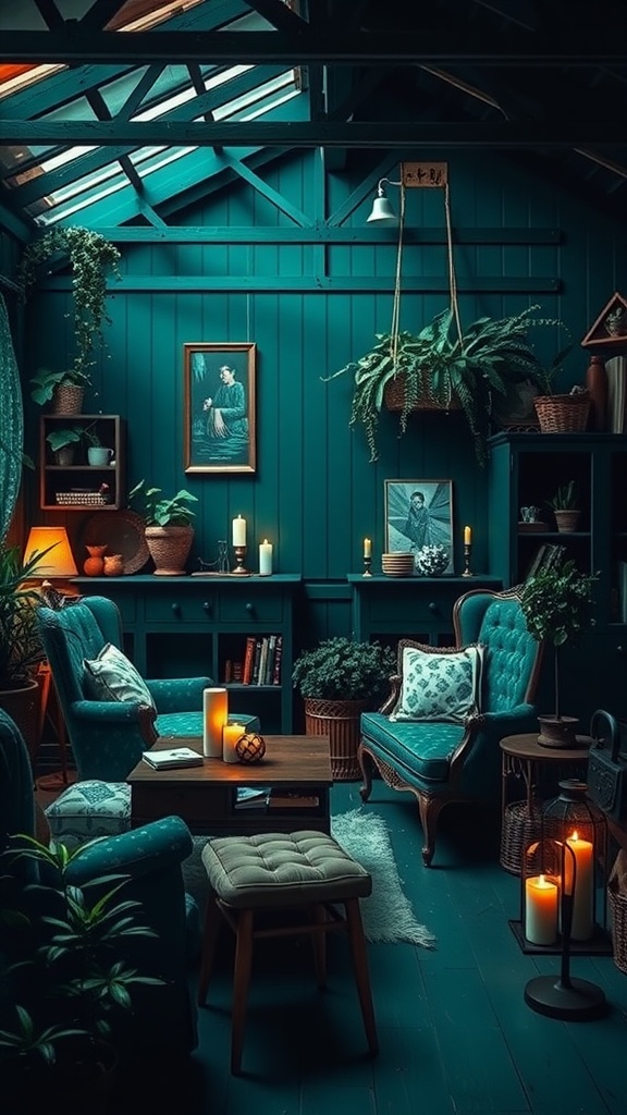 A cozy interior featuring deep teal walls, vintage furniture, plants, and candles, embodying a dark cottagecore aesthetic.