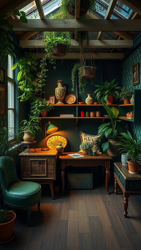 A cozy interior featuring greenery, vintage furniture, and a serene atmosphere.