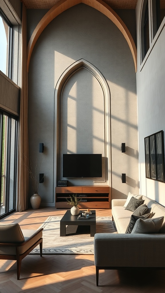 A modern living room featuring a tall wall with a Gothic arch, simple furniture, and large windows allowing natural light.