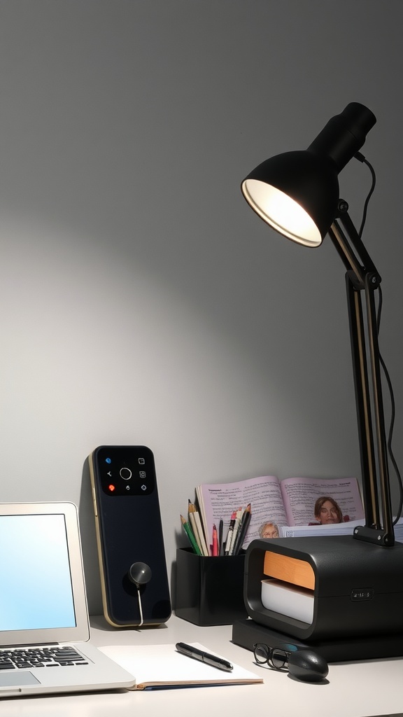 A stylish desk lamp illuminating a workspace with a laptop, stationery, and organized items.