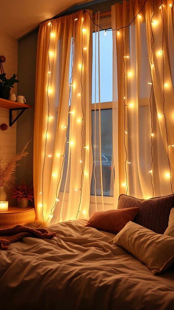 Cozy bedroom with flowing curtains and warm fairy lights.