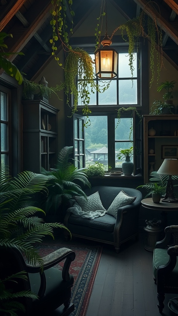 A cozy room filled with ferns and soft lighting, showcasing dark cottagecore aesthetics.