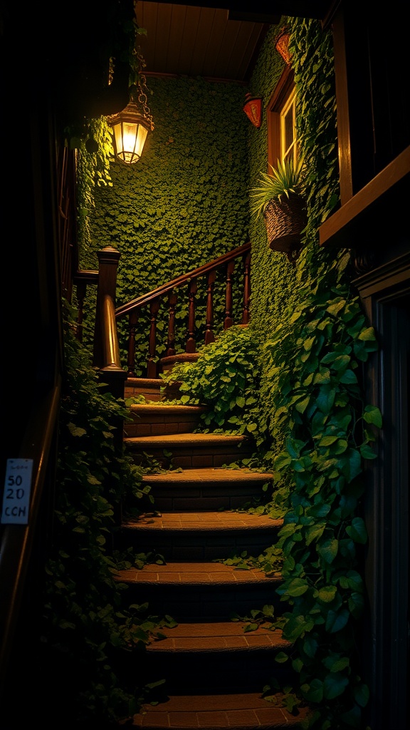 A stairway surrounded by lush greenery and soft lighting, evoking a cozy and nostalgic atmosphere.