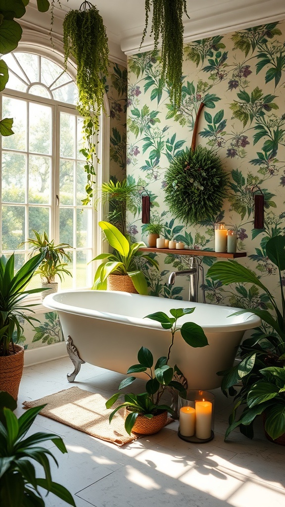 A serene bathroom with a freestanding tub surrounded by plants, floral wallpaper, and candles.