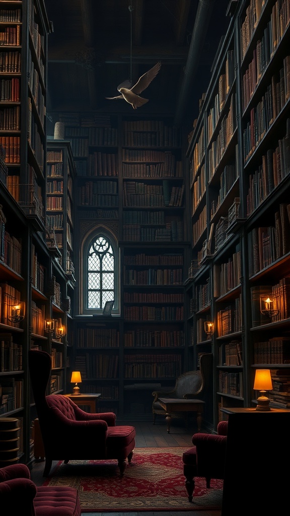 A dark fantasy library filled with tall bookshelves, cozy seating, and soft lighting.