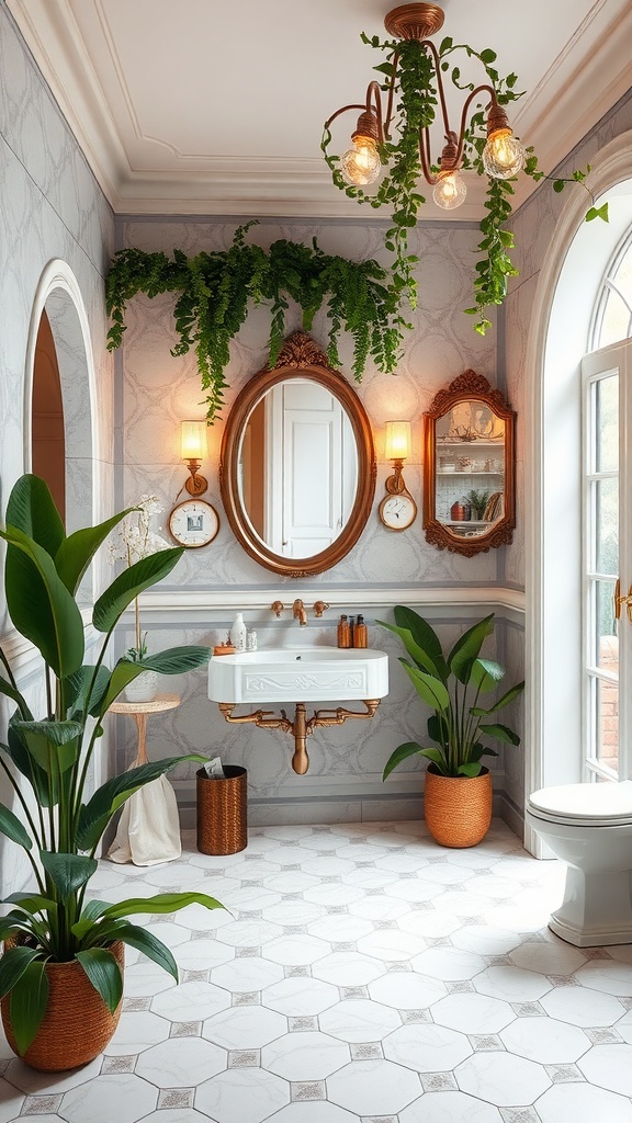 A beautifully decorated bathroom featuring plants, elegant fixtures, and warm lighting.