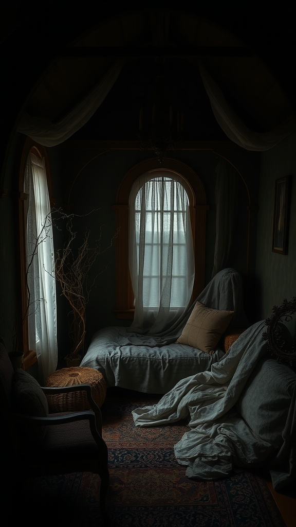 A dark and moody bedroom corner with a daybed, soft drapes, and natural elements.