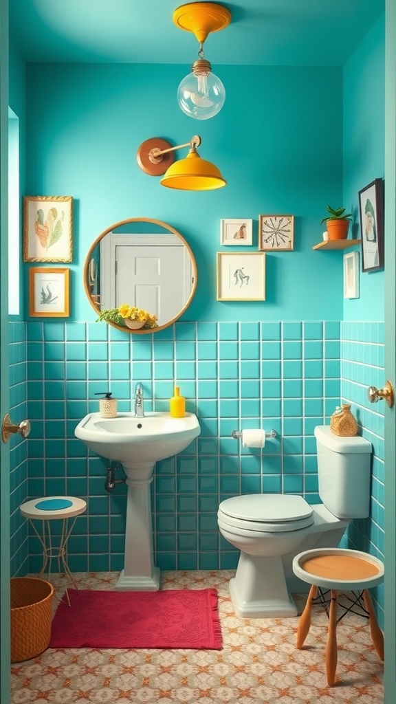 A bright teal bathroom with decorative accents and colorful elements