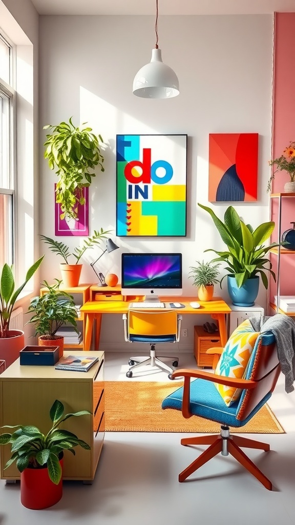 A vibrant home office featuring colorful decor such as an orange desk, yellow chair, and various plants