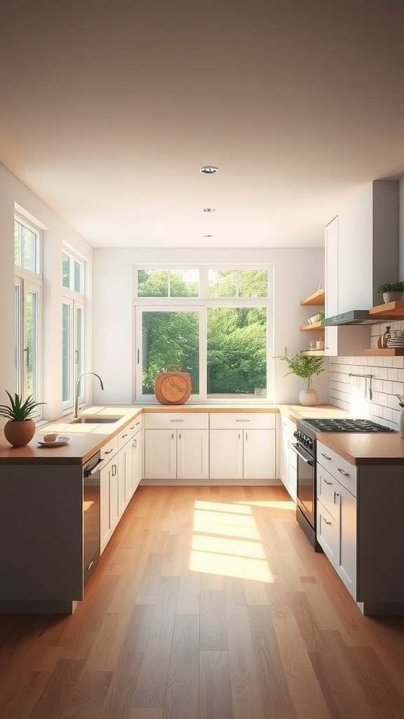 Bright U-shaped kitchen with large windows and wooden countertops