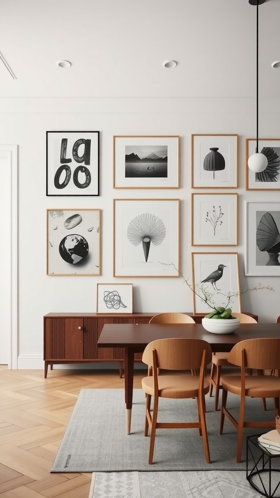 A stylish dining area featuring a gallery wall of framed black and white art.