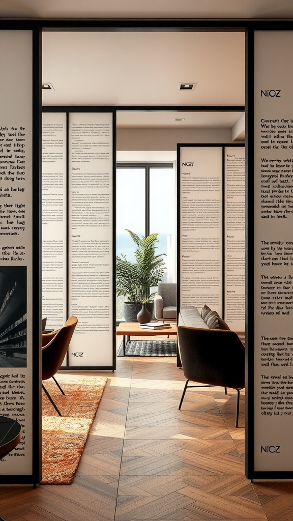A modern space featuring dividers with text, separating a guest bedroom from a home office, with cozy seating and a plant for decor.