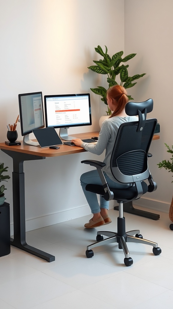 A person working at a modern corner desk with dual monitors and a comfortable ergonomic chair.