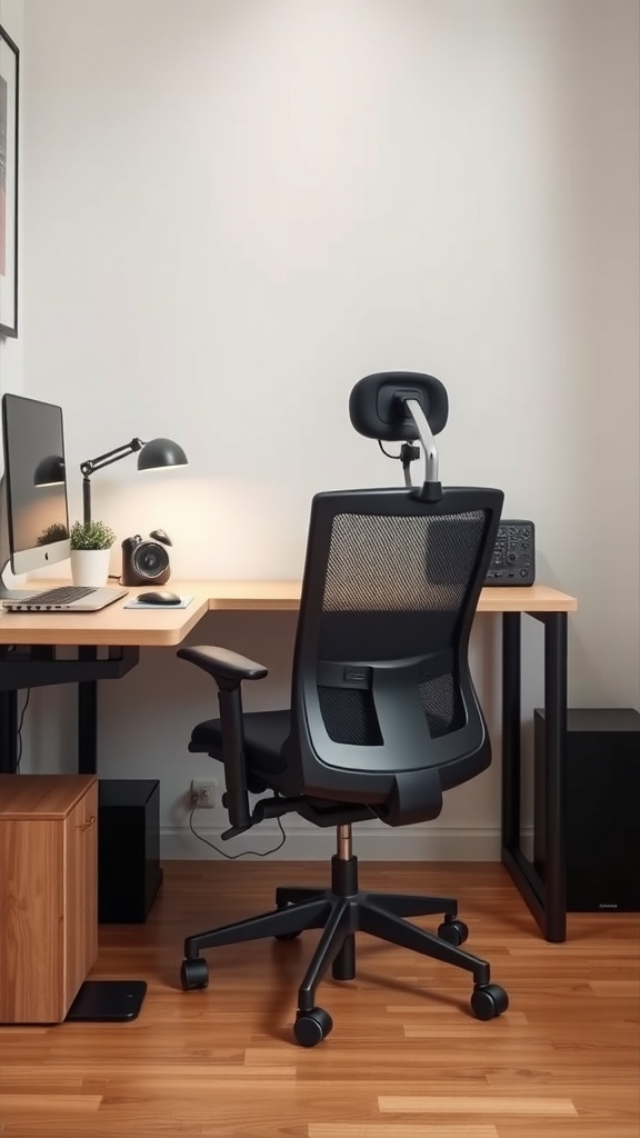 A small home office featuring an ergonomic chair and a wooden desk with a computer and lamp.