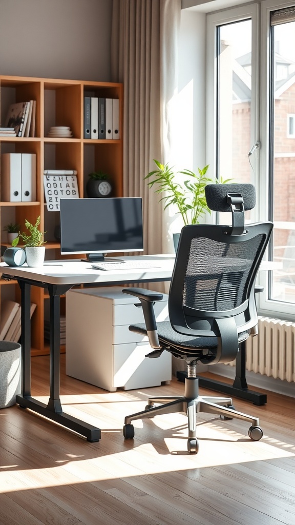 A modern ergonomic office setup featuring a sleek desk and a comfortable chair.
