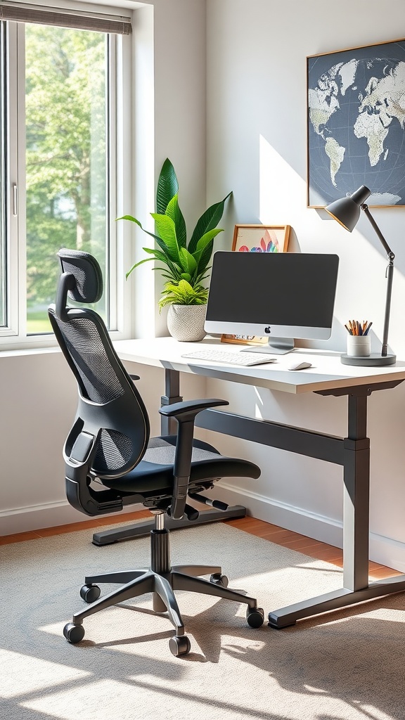 An ergonomic office setup featuring a mesh chair, large monitors, and a wooden desk in a bright room