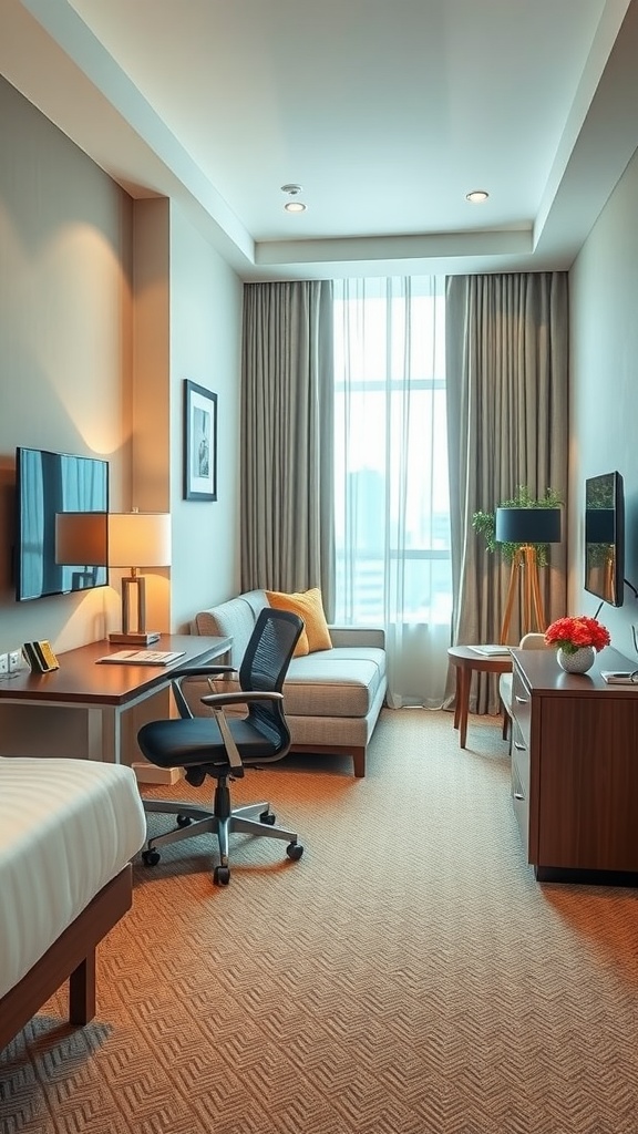 A stylish home office and guest room featuring ergonomic furniture, including a supportive chair and a cozy sofa.