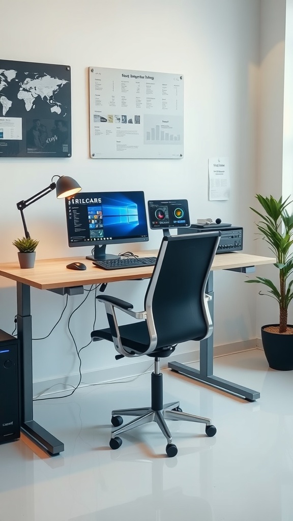 An ergonomic workstation featuring a wooden desk, a black office chair, dual monitors, a lamp, and a potted plant.